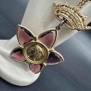Vintage Amethyst Gripoix Glass Star Coin Brooch Pendant Necklace Julius Caesar